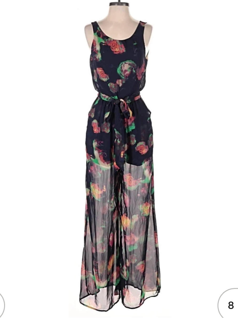 ASTR Navy Floral Sleeveless Jumpsuit with Tie Waist, Sheer Leg
